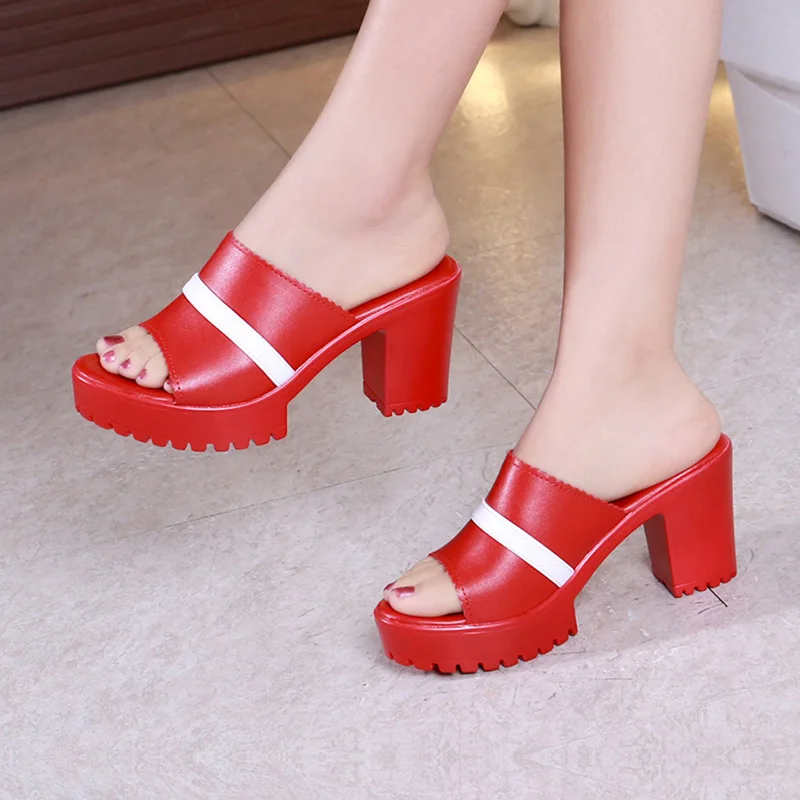 

Fashion high-heel thick with slippers large size waterproof platform elegant sandals and slippers temperament catwalk flip flop