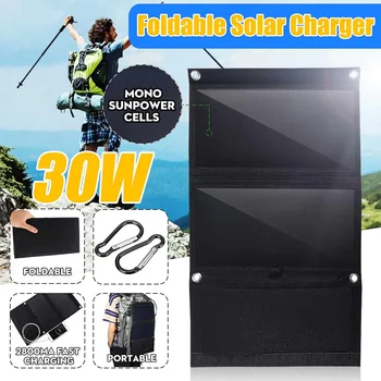 

Hot Sales 30W 5V Foldable Black Solar Panel Power Bank Pack Sunpower Solar Cells with 2.8A 2.4A Dual USB for Camping Hiking