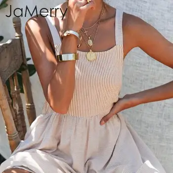 

JaMerry Spaghetti strap striped summer dress women A-line high waist casual female sundress Back button ladies beach short dress