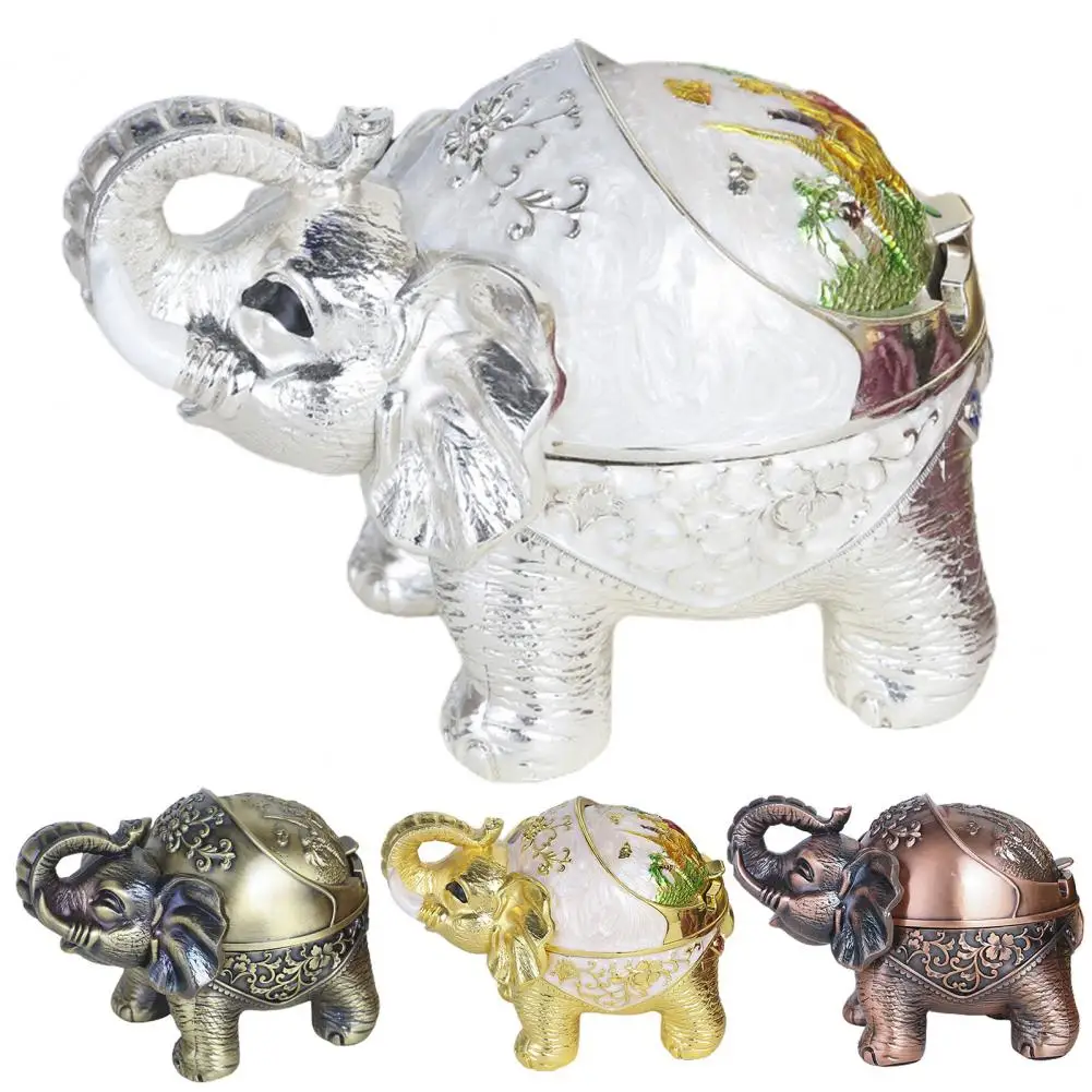 Elephant Shape Retro Animal Windproof Ashtray Alloy Ash Container Semi-closed for Living Room