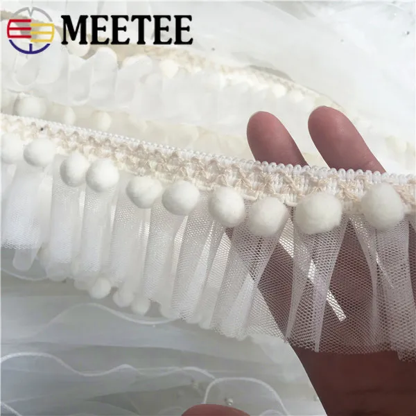 2Meters White Pink Pompoms Ball Lace Trims Mesh Ruffle Ribbon Fabric DIY Princess Dress Skirts Apparel Sewing Accessories | Дом и сад