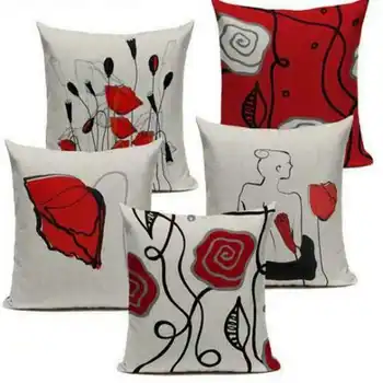 

Fashion Creative Red Flower Pillow Case Throw Pillowcase Cotton Linen Printed Pillow Covers For Office Home Sofa Room Decor