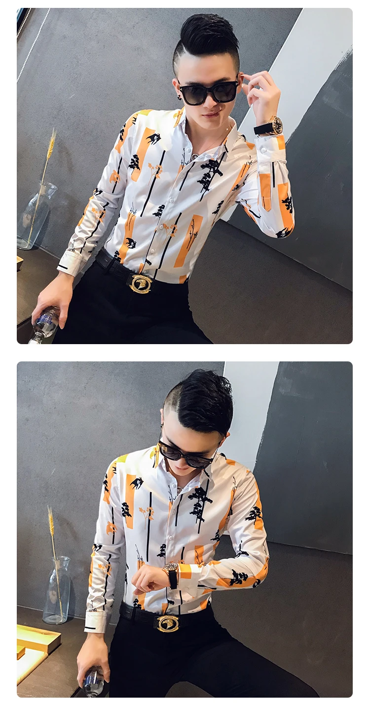 Повседневная Блузка Homme 3XL, осенняя одежда, мужская рубашка с индивидуальным принтом, модная Корейская мужская рубашка с длинным рукавом, рубашки с принтом, мужская приталенная рубашка