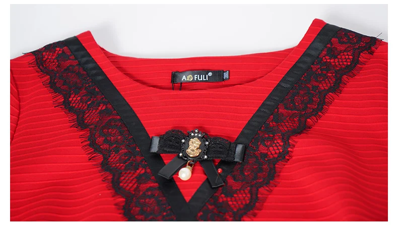 L~ 4XL 5XL кружевное женское платье размера плюс с длинным рукавом свободное Повседневное платье Весенняя красная модная одежда AOFULI A4140
