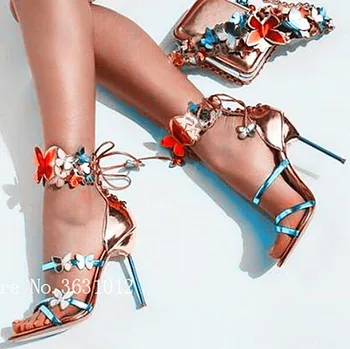 

Colorful Butterfly Ankle Fashion Strap Sandals Appliques Metallic Leather Turquoise Strappy High Heel Shoes Lace Up Woman Sandal