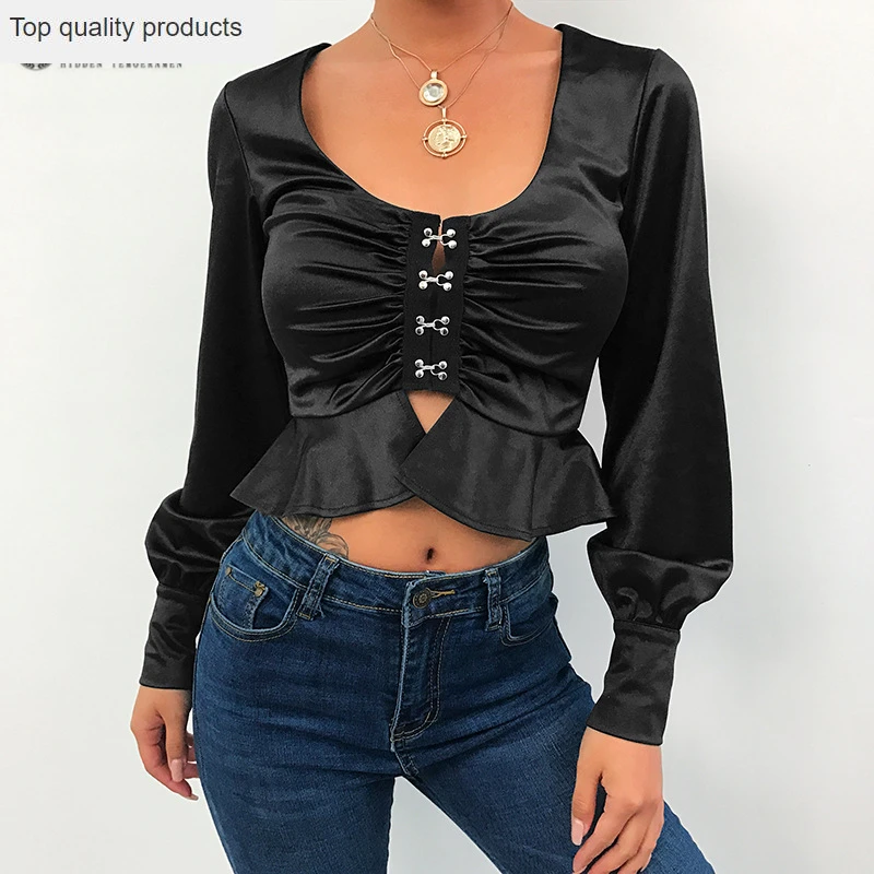 2020 New Women Spring and Summer bottoming ruffled Sexy low-cut Shirt top Fashion Temperament Solid color Slim Tops C081 |