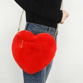 

Fashion Women Heart-Shaped Storag Bag Plush Shoulder Bag Valentine Day Gift