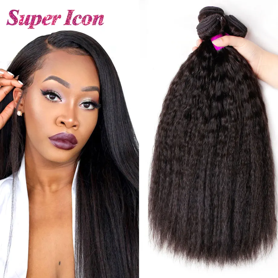 Kinky Straight Human-Hair Bundles Hair-Extension Remy 1b-Color Natural Super-Icon Brazilian