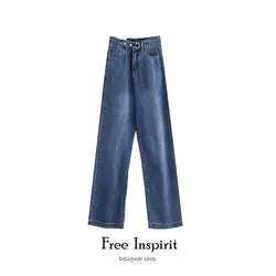 Свободный inspirit Повседневный стиль средняя посадка украшение на пуговицах ремень женские брюки женские свободные широкие брюки джинсы