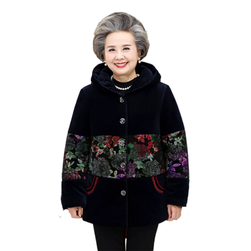Winter Middle-aged Warm Print Hooded Coat Casual Female Basic Jacket Tops 2021 Corduroy Grandmother Cotton Plus Size 5XL | Женская