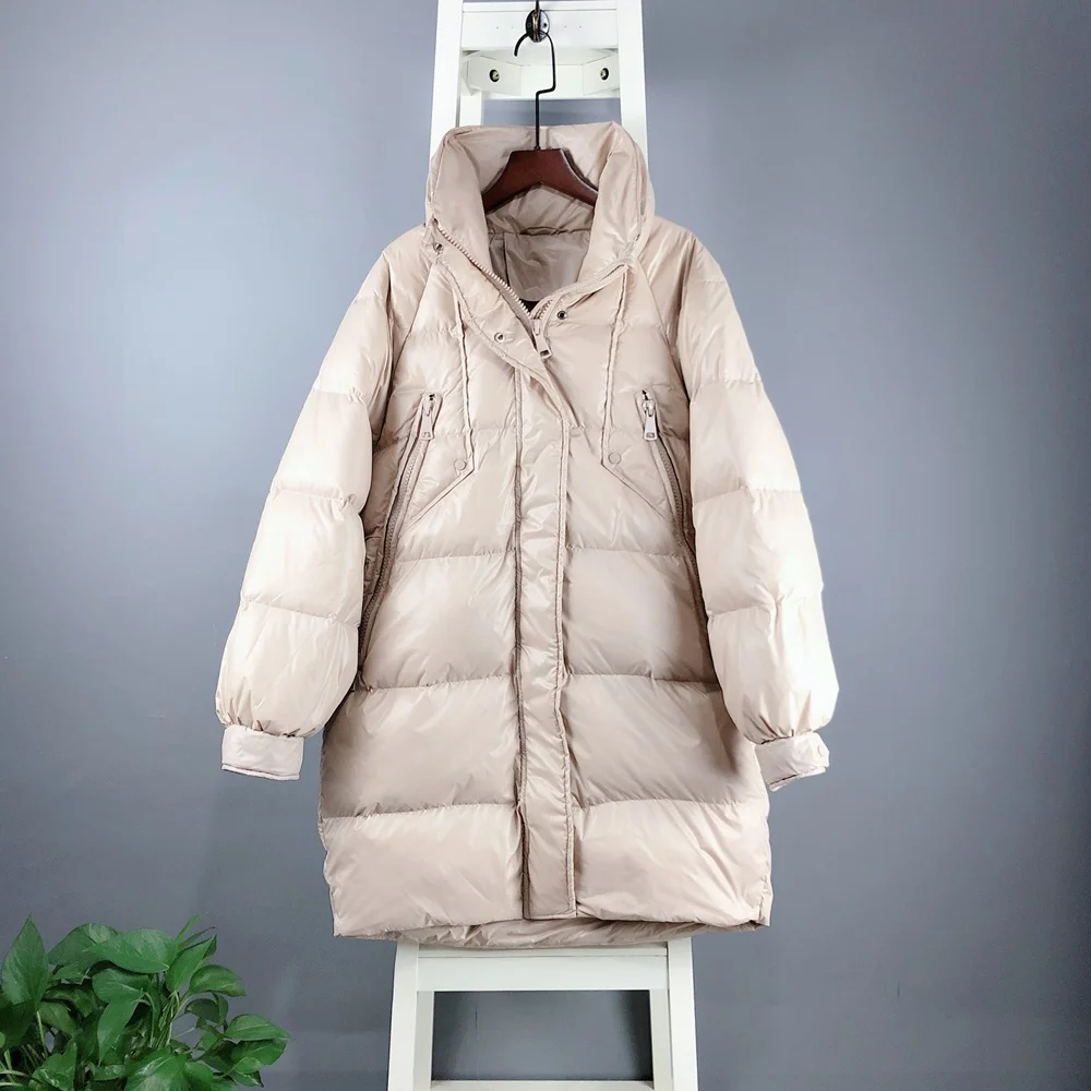 FTLZZ 2020 Stand Collar Long Jacket Woman White