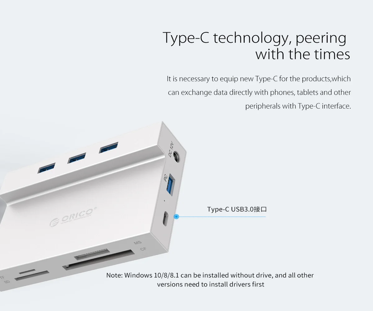 ORICO USB 3.0 HUB to Multi USB3.0 RJ45 SD/TF/MS/CF Type C Adapter Splitter Card Reader Dock Support BC1.2 Charging For Computer