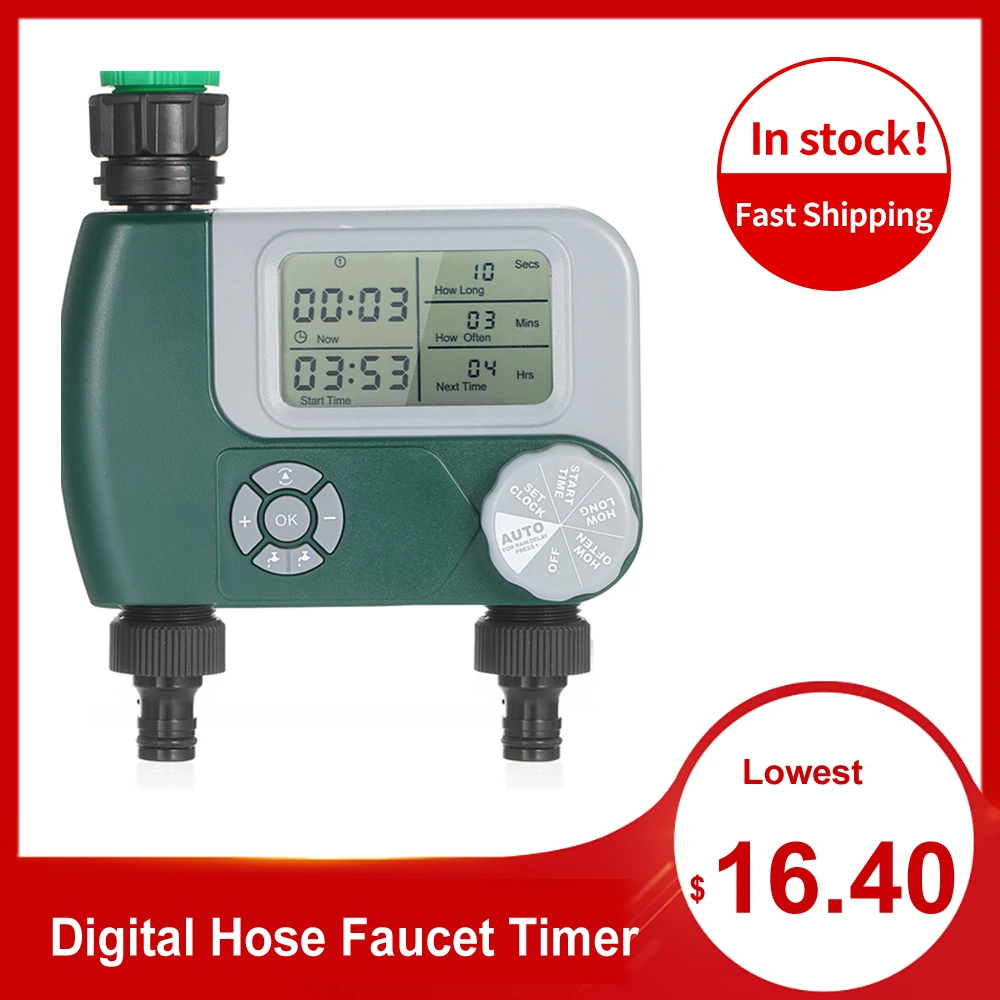 

Programmable Digital Hose Faucet Timer Battery Operated Automatic Watering Sprinkler System Irrigation Controller with 2 Outlet