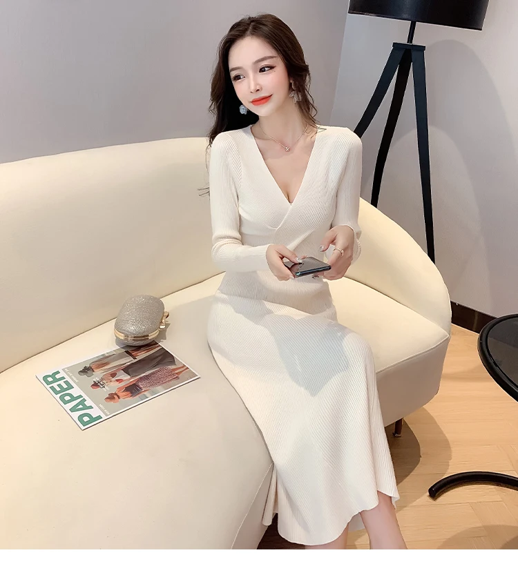 Elegant V-neck office stretch knit dress for ladies fall long-sleeved A-line dress