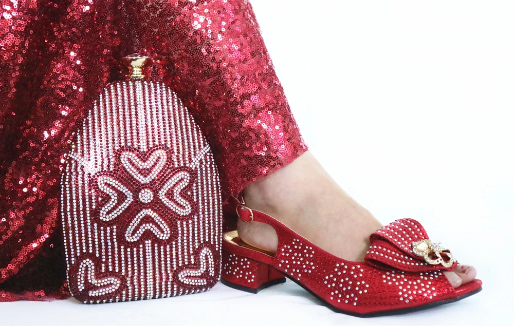 

Free shipping red italian shoes and bag matching set low heel lady sandal shoes with clutches bag set african asoebi SB8457-3