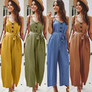 

Fashion Lady Sling A-Neck V-Neck Jumpsuit Solid Color Imitation Silk Belt Straight One-Piece Trousers