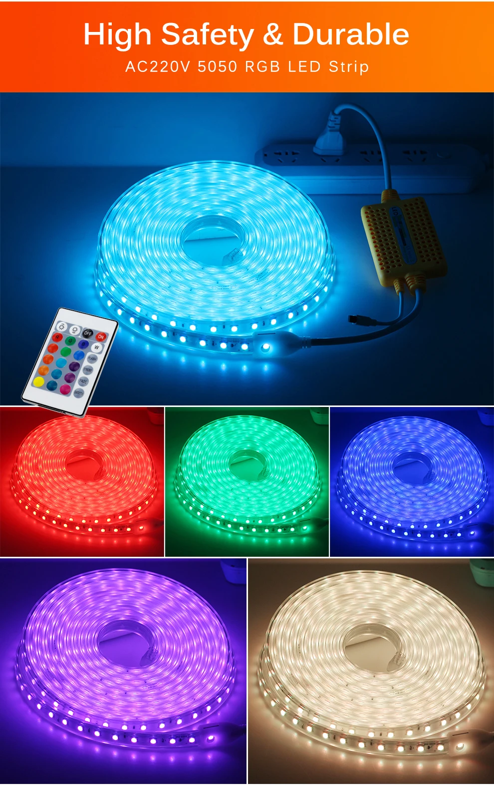 strip lighting kitchen 220V RGB LED Strip with  IR Remote Controller IP67 Waterproof Outdoor Use Flexible LED Light Strip RGB 1m - 15m Set. white led strip