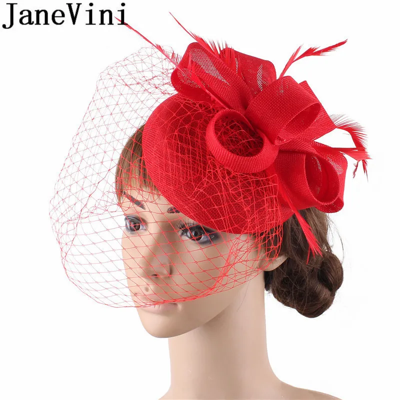 JaneVini, черные, красные, зеленые свадебные шляпы с перьями, вуалетки, церковная Свадебная шляпа с сеткой для птичьей клетки, вуаль для лица, вечерние, Коктейльные головные уборы