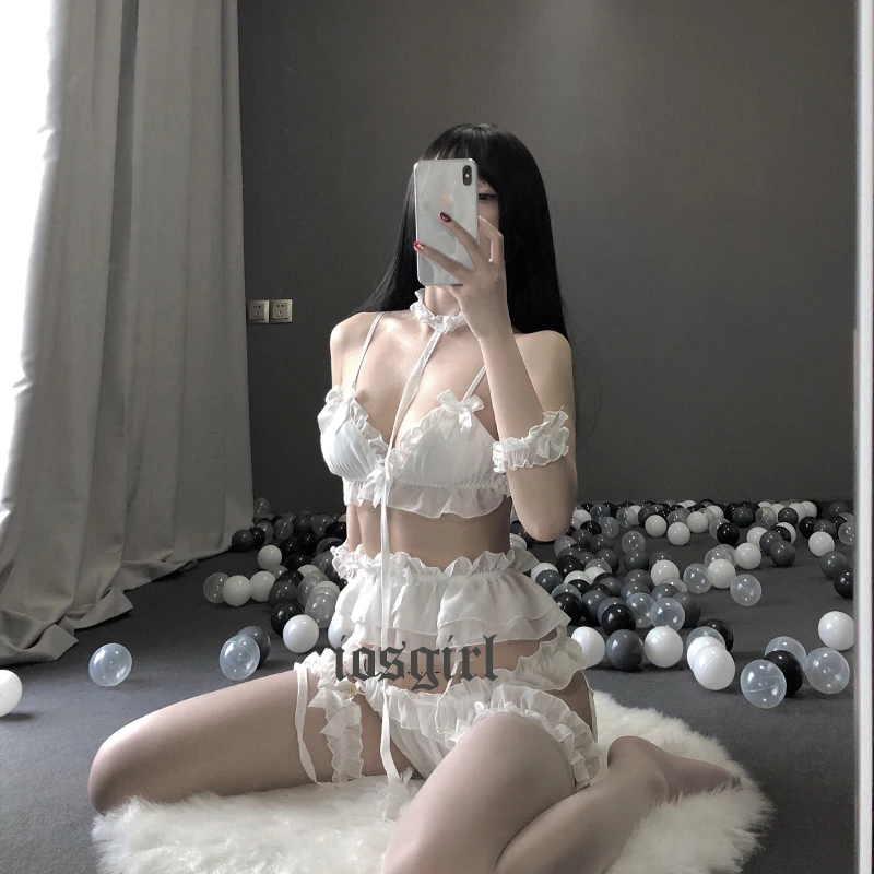 Японский Лолита милые оборки кружева Kawaii Babydoll сексуальное нижнее белье набор мягкая девушка черные пижамы костюмы для косплея