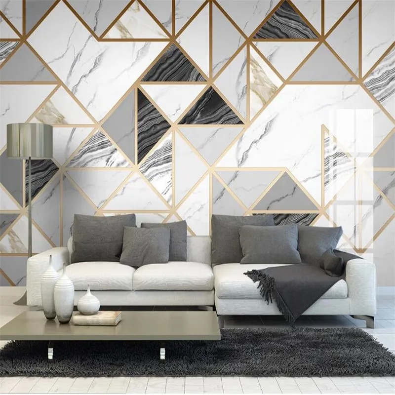 Large 3D Wallpaper Mural Custom Golden Line Geometric Jazz White Marble TV Background Wall Tile Mural