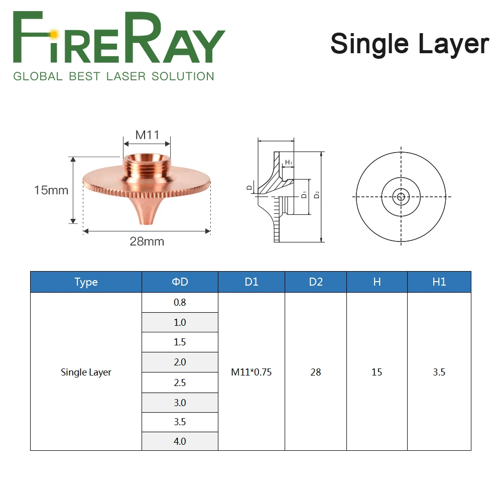 Сопло лазерное FireRay диаметром 28 мм однослойное Двухслойное калибр 0 8 6 для режущей