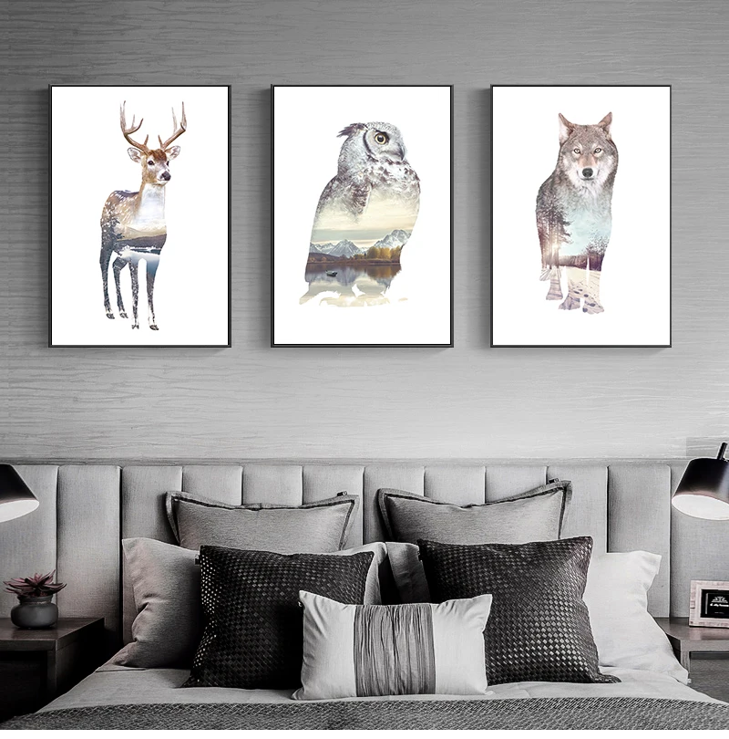 Canvas Art Posters and Prints Wall Art Picture Bear Owl Fox Painting Modern Home Decoration Nordic Landscape Silhouette Deer