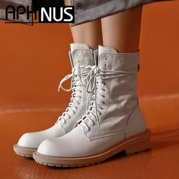 

APHNUS Womens Boots MotorcycleShort Ankle Booties Flats Low Mid Heels Pumps Platforms Trifle Woman Shoes For Women New Boot