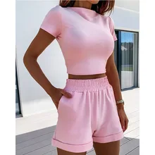 Aliexpress - Summer Two Pieces Set Women Casual Solid Short Sleeve T Shirts and Drawstring High Waist Short Pants Loose Outfits Tracksuit