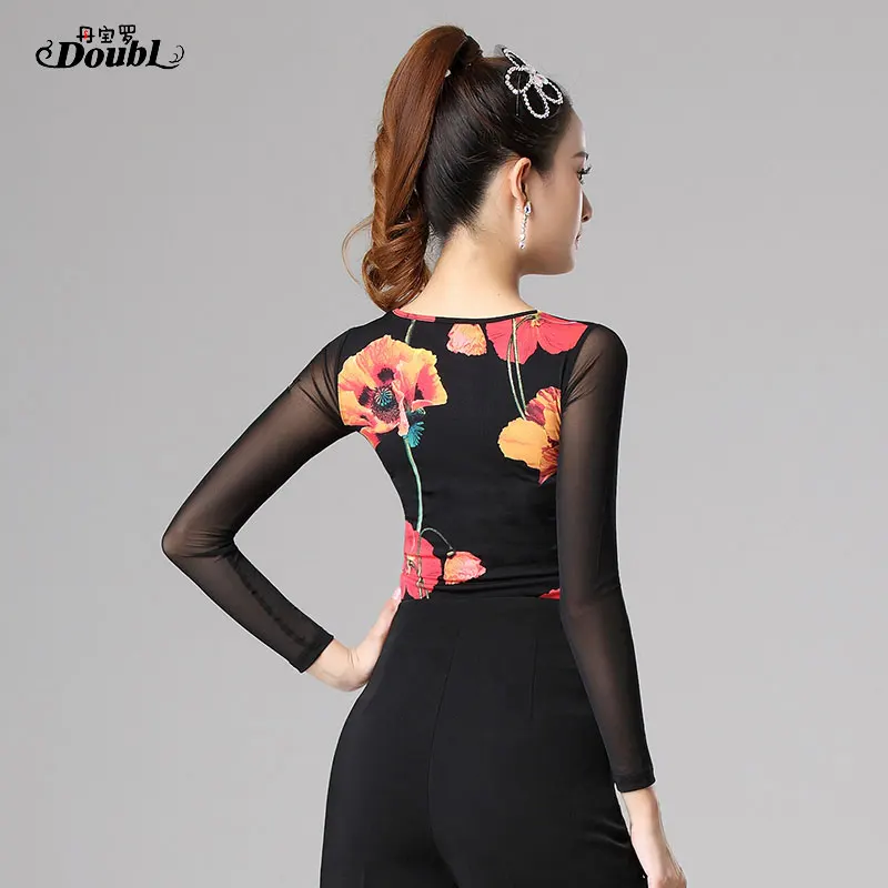 DOUBL Modern Dance Top Female Adult Latin Dance Sport New National Standard Dance Practice Dress Square Traning Salsa Printing