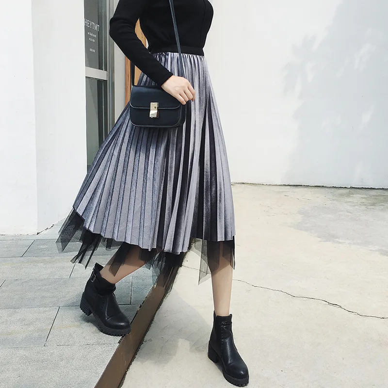 

high waist velvet mesh saia skirt women's Autumn Winter Plus Size vintage faldas long skirt Streetwear Harajuku pleated skirts