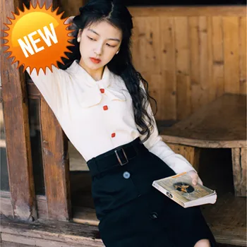 

Autumn Spring Young Literary Style Cute Bow Neck Solid Women Pullover
