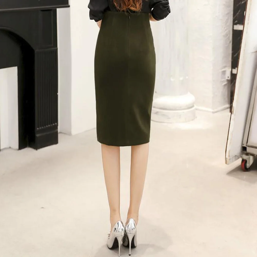 Winter Woolen Skirt Women High Waist Office Lady Wear Slim Sheath Split Bodycon Midi Skirts Wool Blend Tight Pencil Skirt
