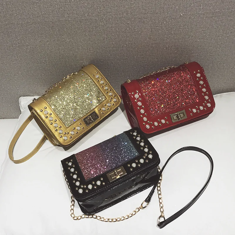 

2018 New Style Korean-style Trend Versitile Fashion Sequin Single-shoulder Crossbody Bag Pearl Turnlock WOMEN'S Bag