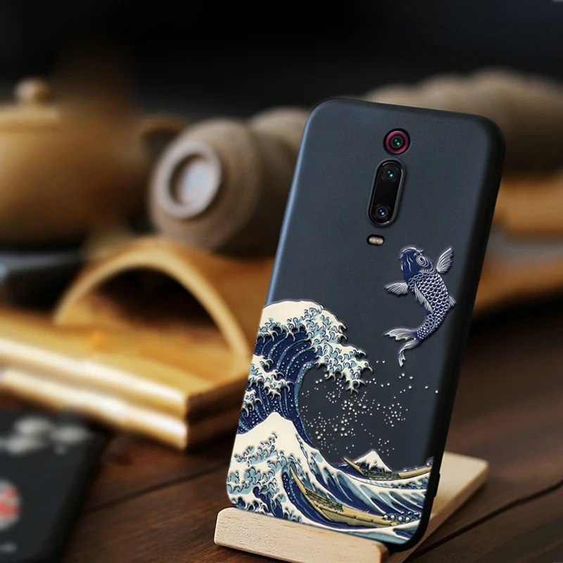 Phone Cases For Xiaomi Redmi Note 8 Pro Case Funda 7 Coque Luxury Emboss Sea Wave Soft TPU Men Black Back Cover | Мобильные телефоны