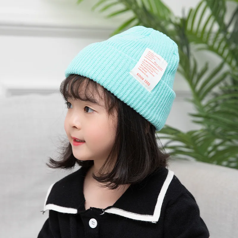 

Autumn And Winter New Style Candy-Colored Large Cloth Label CHILDREN'S Knitted Hat Versatile Solid Color Lettered Standard Baby