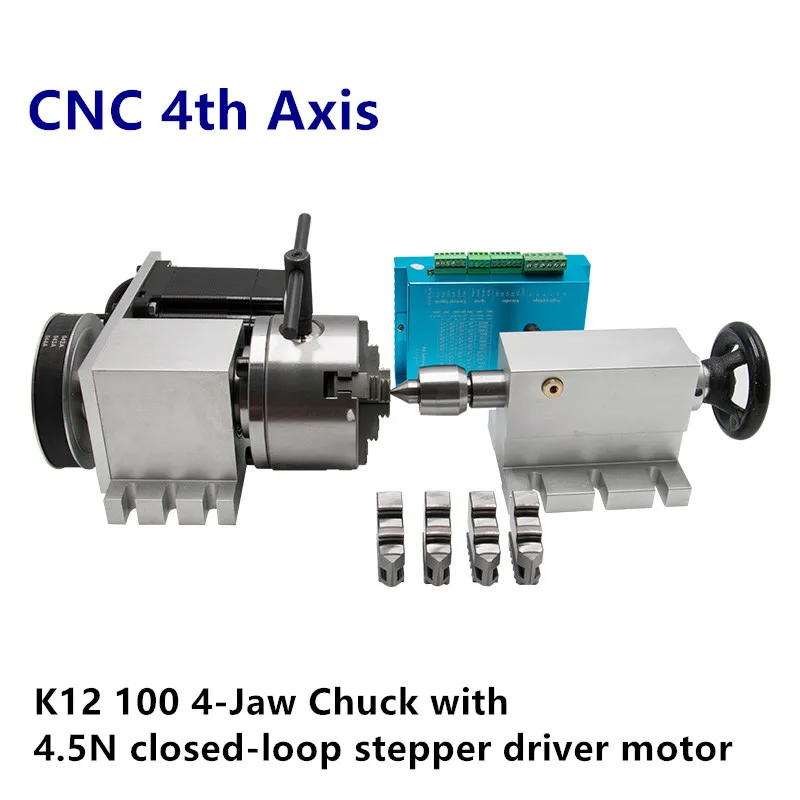 Free shipping Nema 34 closed loop stepper motor (4:1) K12-100mm 4 Jaw Chuck  4th axis A aixs rotary axis + tailstock for router water cooled cnc spindle Machine Tools & Accessories