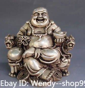 

China Silver Dragon Chair Wealth Yuanbao Coin Happy Laugh Maitreya Buddha Statue Garden Decoration Brass Bronze AE1024