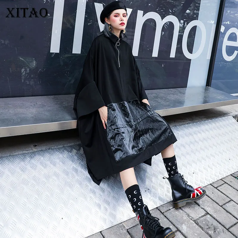 

XITAO High Waist Irregular Dress Women Plus Size Pocket Elegant Black 2019 Autumn Batwing Sleeve Casual Minority Dress WLD2489