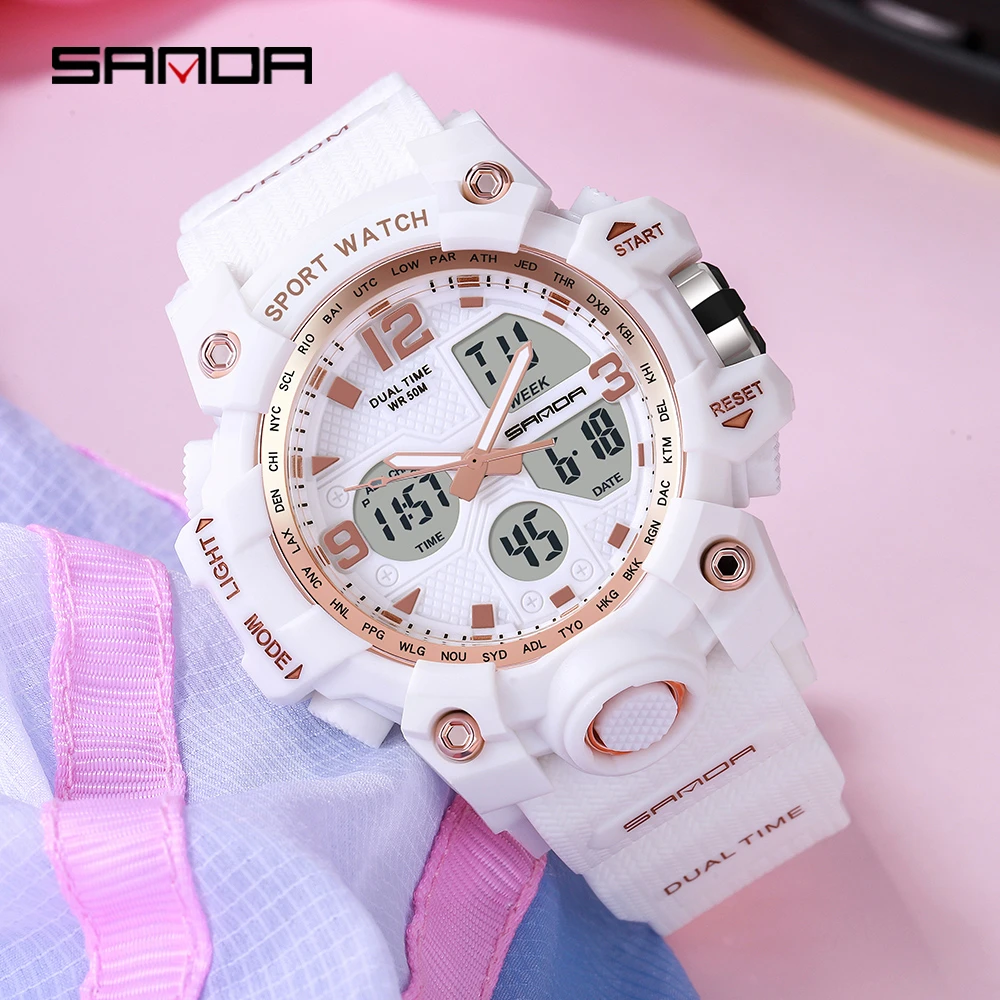 SANDA Sports Women's Watches Fashion Analog Digital Wristwatch Multifunction Waterproof Watch Casual Clock Relogio Feminino 942