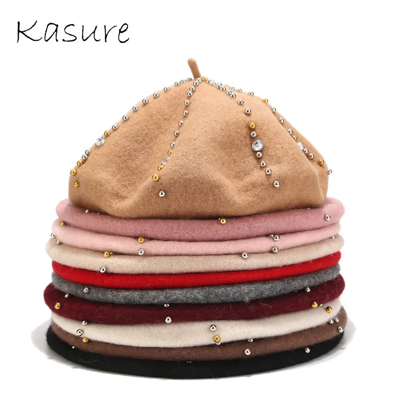 KASURE, модные, зимние, теплые, Роскошные, с кристаллами, с заклепками, Ретро стиль, однотонные береты для женщин, плоские шапки, шапки художника, теплые, элегантные, берет для женщин