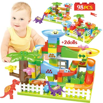 

74-227Pcs Jurassic Dinosaur Maze Balls Building Blocks Duploed Marble Track Slide Large Particles Bricks Toy for Childre