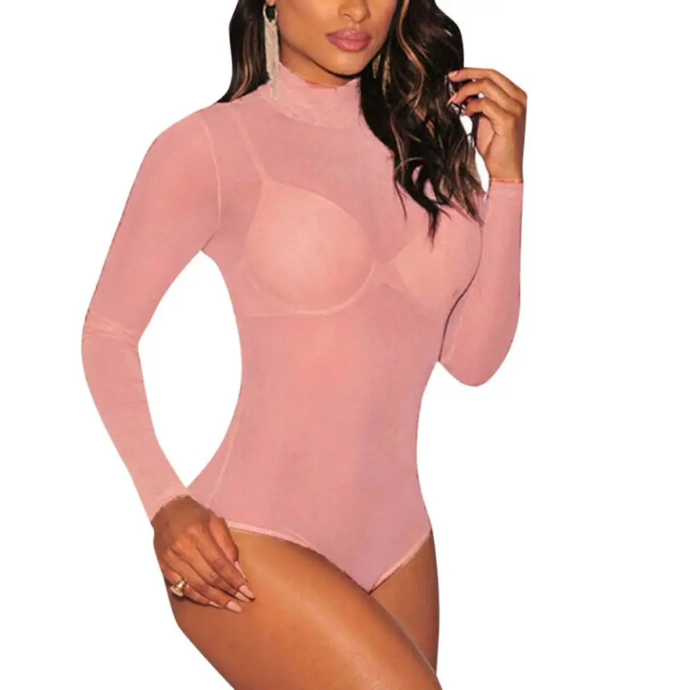 Transparent Bodysuit Women Turtleneck Long Sleeve Slim Tight Underwear Sexy Mesh Bodystocking Women Lingerie Body Dentelle Femme