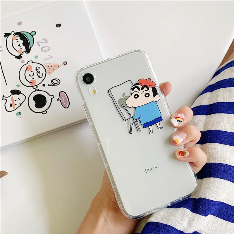 Забавный Мультфильм Crayon Shinchan Телефон чехол для iPhone 6 6S 7 8 Plus X XS MAX XR Чехол Подушка безопасности Прозрачная мягкая Задняя накладка чехла из ТПУ
