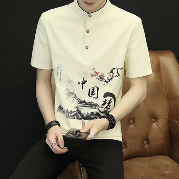 

220 Men Summer Chinese-style Stand Collar Flax Short-sleeved Shirt Teenager Slim Fit Cotton Linen Chinese Characters Print Shirt
