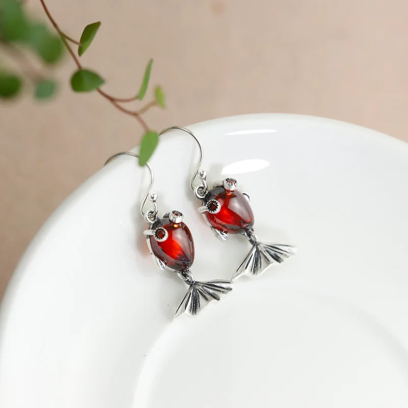 

fine silver silver jewelry earring Thai silver matte silver small goldfish pomegranate red eardrop pure manual process