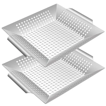 

Grill Basket Set of 2, Large BBQ Grilling Basket Wok for Vegetable, Kabobs Shrimps, Square Perforated Barbecue Drain Pan