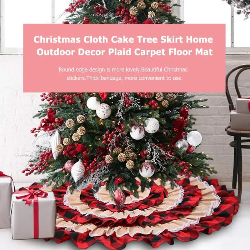 

116cm Linen Red Christmas Tree Skirts Cake Plaid Lace Velcro Carpet Blanket Floor Cover Home Party New Year Decorative Accessory