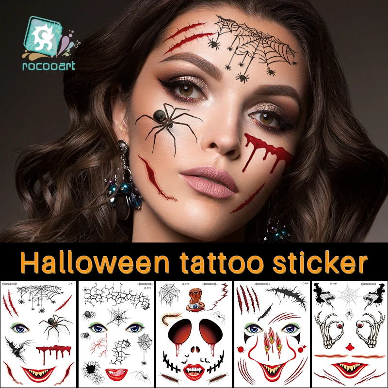 

Rocooart New Halloween Holiday Face Makeup and Terror Spider and Scar Mask Design Fake Temporary Waterproof Tattoo Sticker