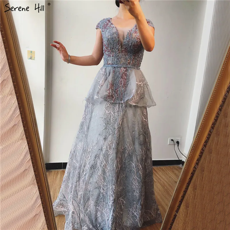 

Grey Sleeveless Luxury Design Prom Dresses 2019 V-Neck Sequined Crystal Prom Gowns Long Serene Hill BLA70107