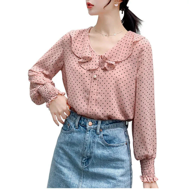 

Pink Chiffon Ruffle Shirt Lantern Sleeve Sweet Elegant Womens Tops And Blouses 2020 New Korean Fashion Clothing
